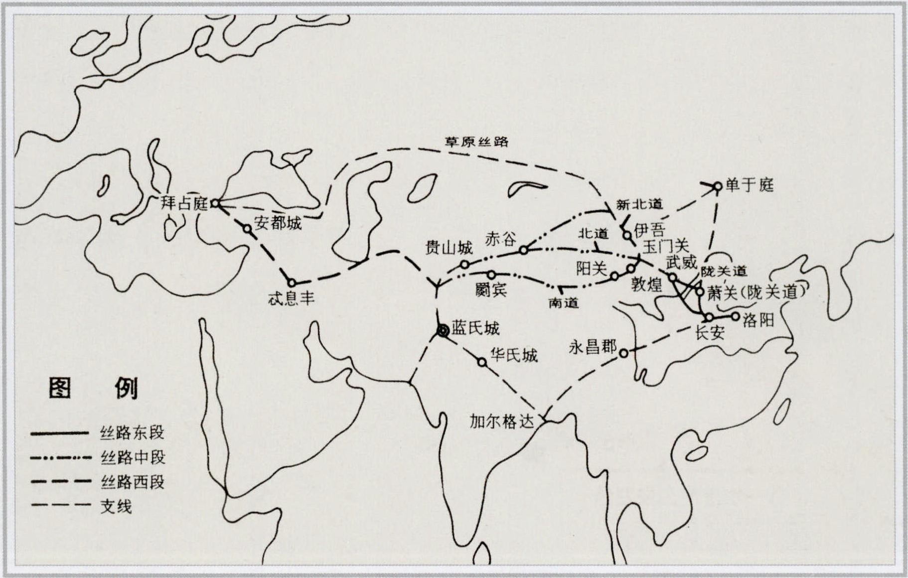 汉代丝绸之路主要线路示意图